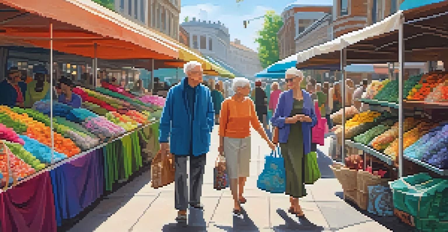 An elderly couple shopping at an outdoor market for sustainable fashion, surrounded by colorful stalls.