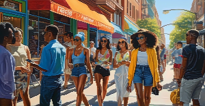 A lively urban street scene with diverse people in trendy outfits and colorful storefronts, engaging with their smartphones.