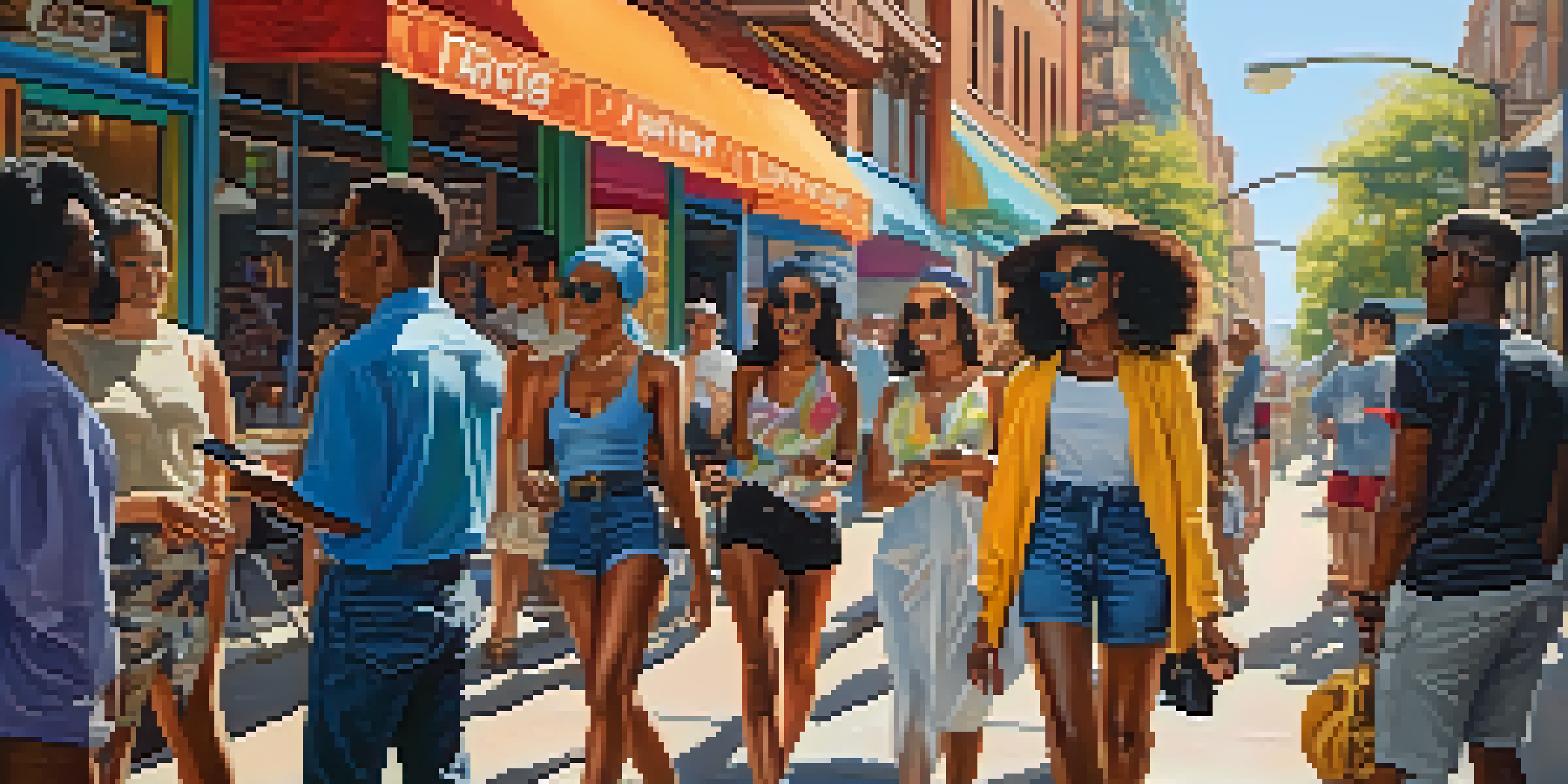 A lively urban street scene with diverse people in trendy outfits and colorful storefronts, engaging with their smartphones.