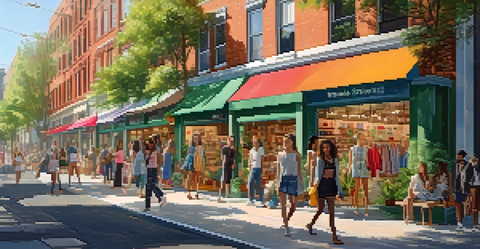 A lively open-air pop-up shop with diverse shoppers engaging with sustainable fashion in a green urban setting.