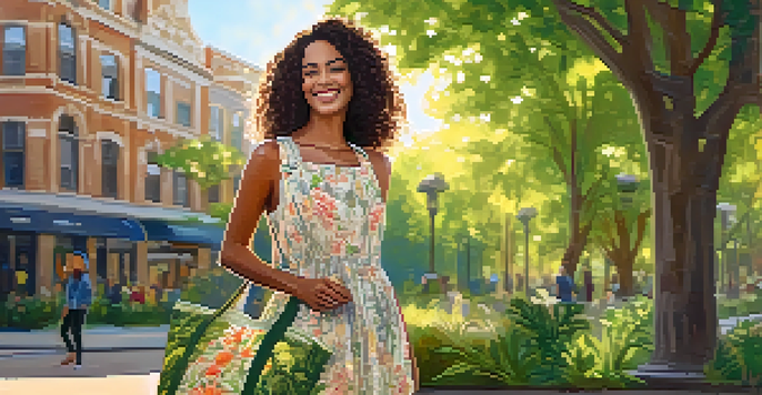 A person in a vintage dress made from recycled materials stands in a park, smiling and holding a reusable tote bag filled with eco-friendly items.