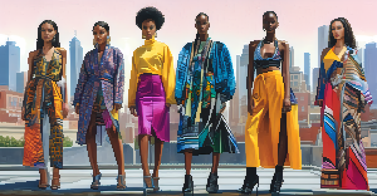 A group of diverse models wearing culturally inspired fashion in an urban environment, highlighting vibrant designs.