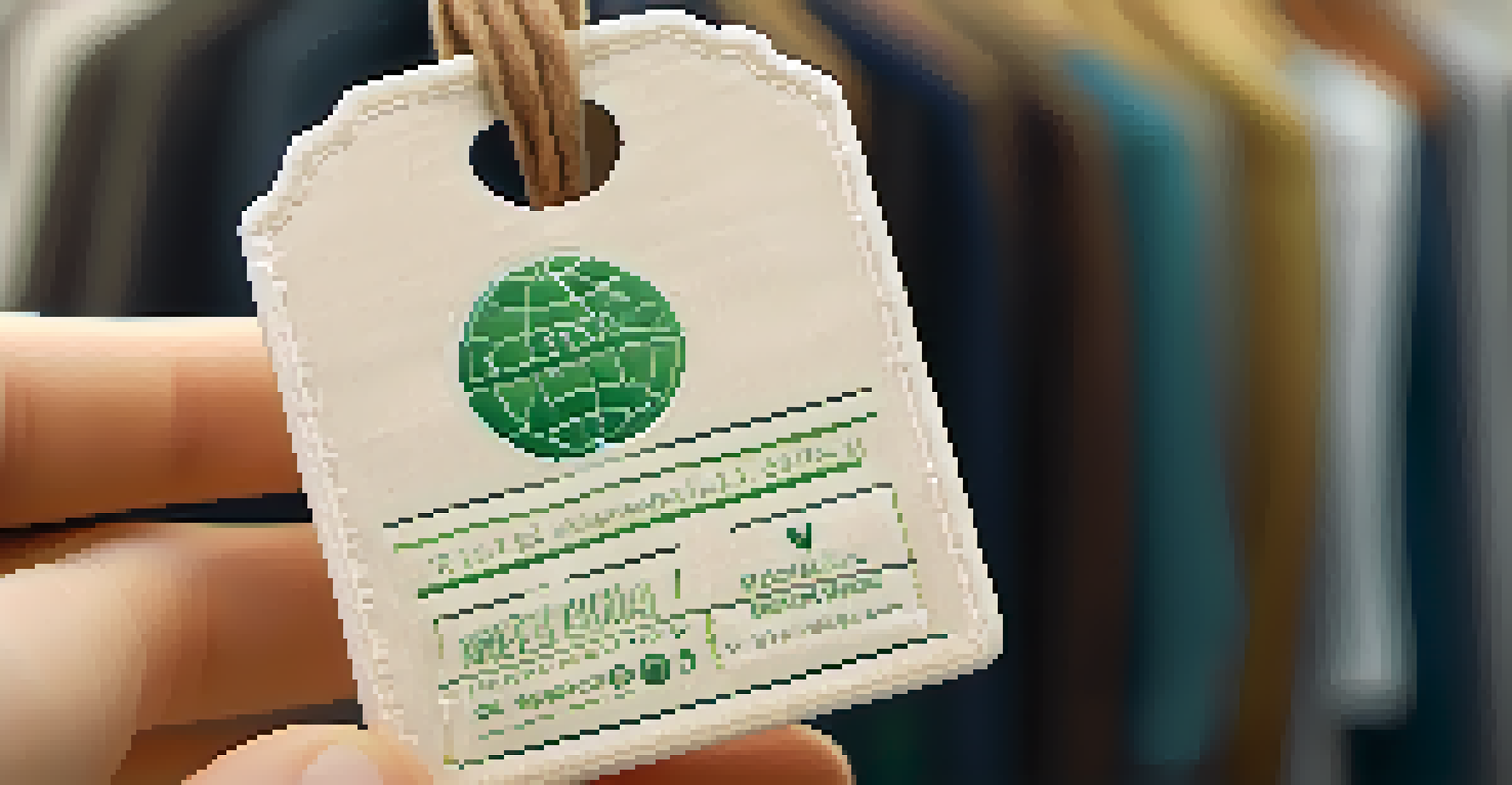 A close-up of a hand holding an eco-friendly garment tag with clothing in the background.