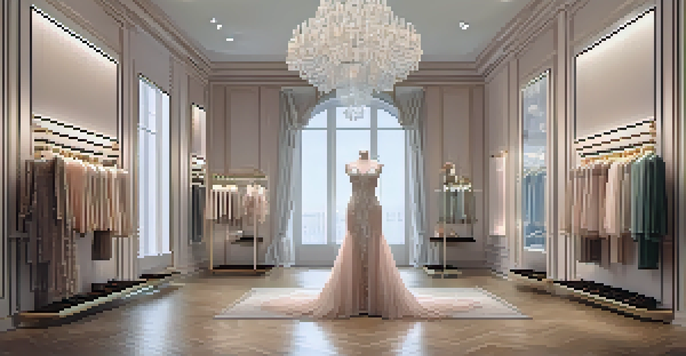 An elegant fashion boutique interior with clothing racks filled with luxurious garments, polished wooden floors, and crystal chandeliers.
