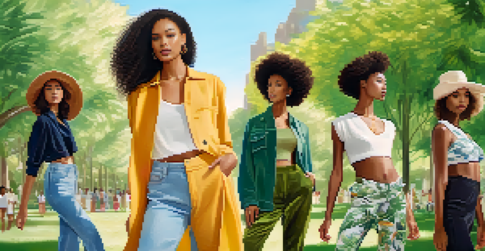 A group of diverse models in a sunny park, showcasing eco-friendly clothing in a playful outdoor photoshoot.