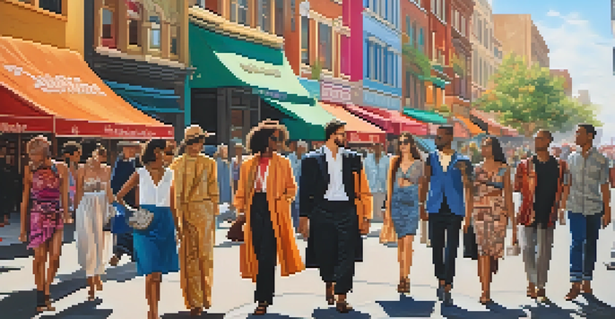 A lively street scene with people in a mix of traditional and modern clothing, set against colorful murals and boutiques.