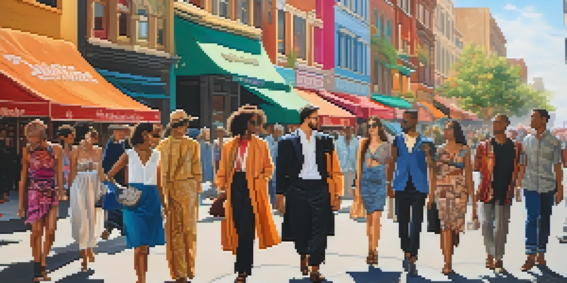 A lively street scene with people in a mix of traditional and modern clothing, set against colorful murals and boutiques.