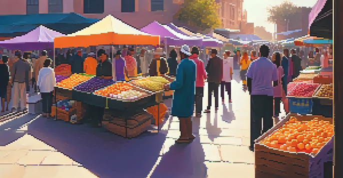 A vibrant street market at sunset with colorful clothing stalls and diverse shoppers.