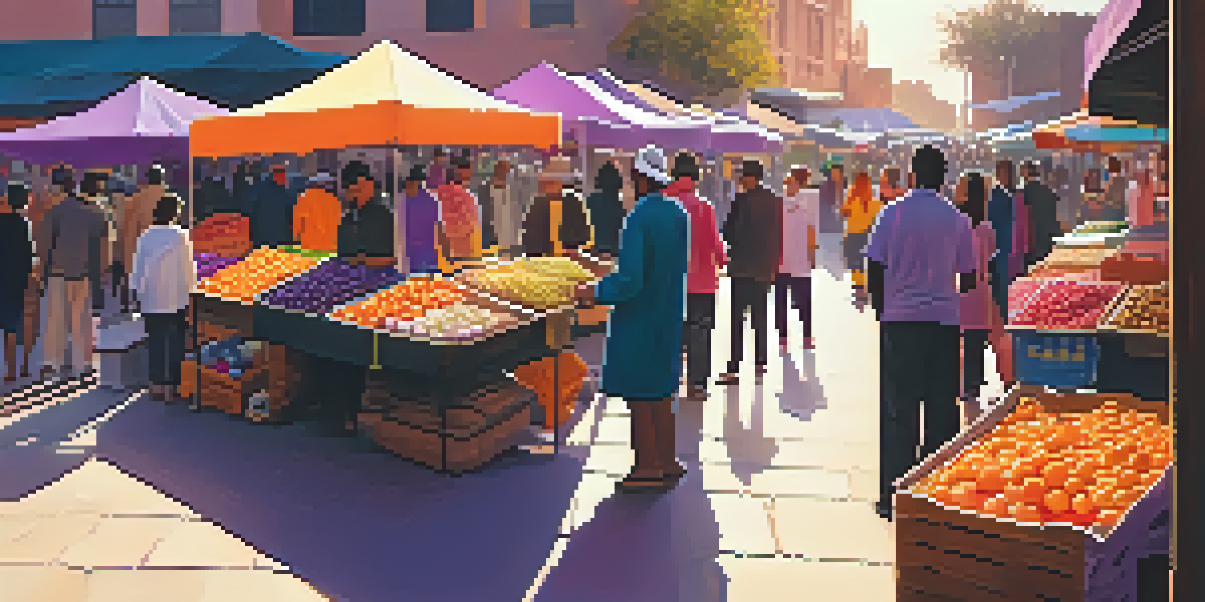 A vibrant street market at sunset with colorful clothing stalls and diverse shoppers.