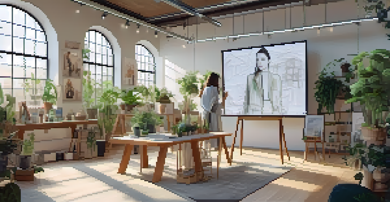 A sustainable fashion studio where designers discuss eco-friendly materials and AI trend insights, surrounded by plants and outfit sketches.