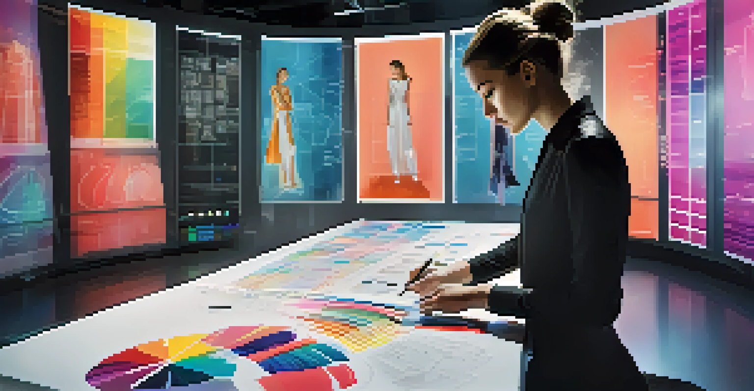 A futuristic fashion designer in a high-tech studio, sketching on a tablet with data analytics screens in the background, surrounded by fabric swatches and design tools.