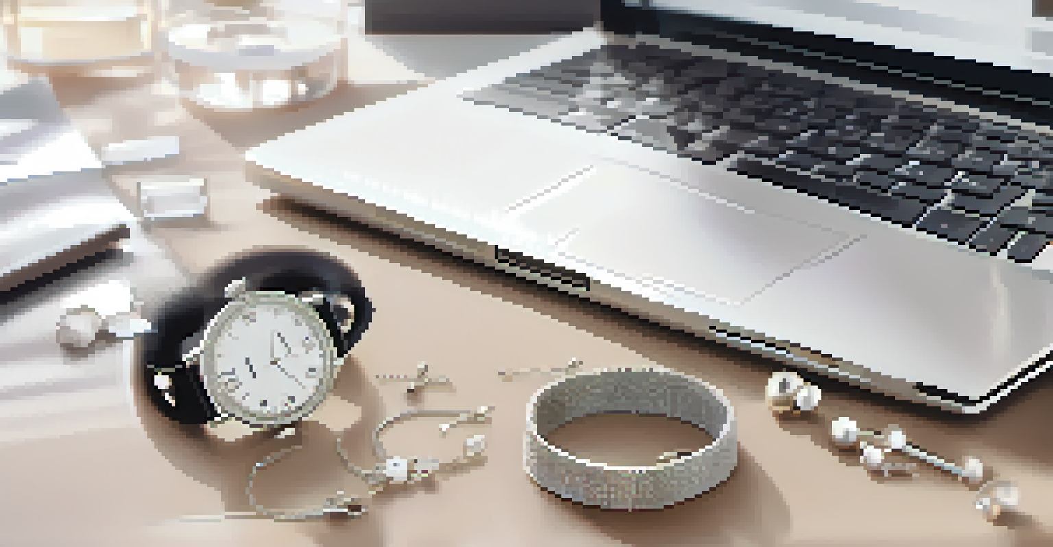 A close-up of elegant accessories including a silver watch and stud earrings on a minimalist desk with a notebook and laptop in the background.