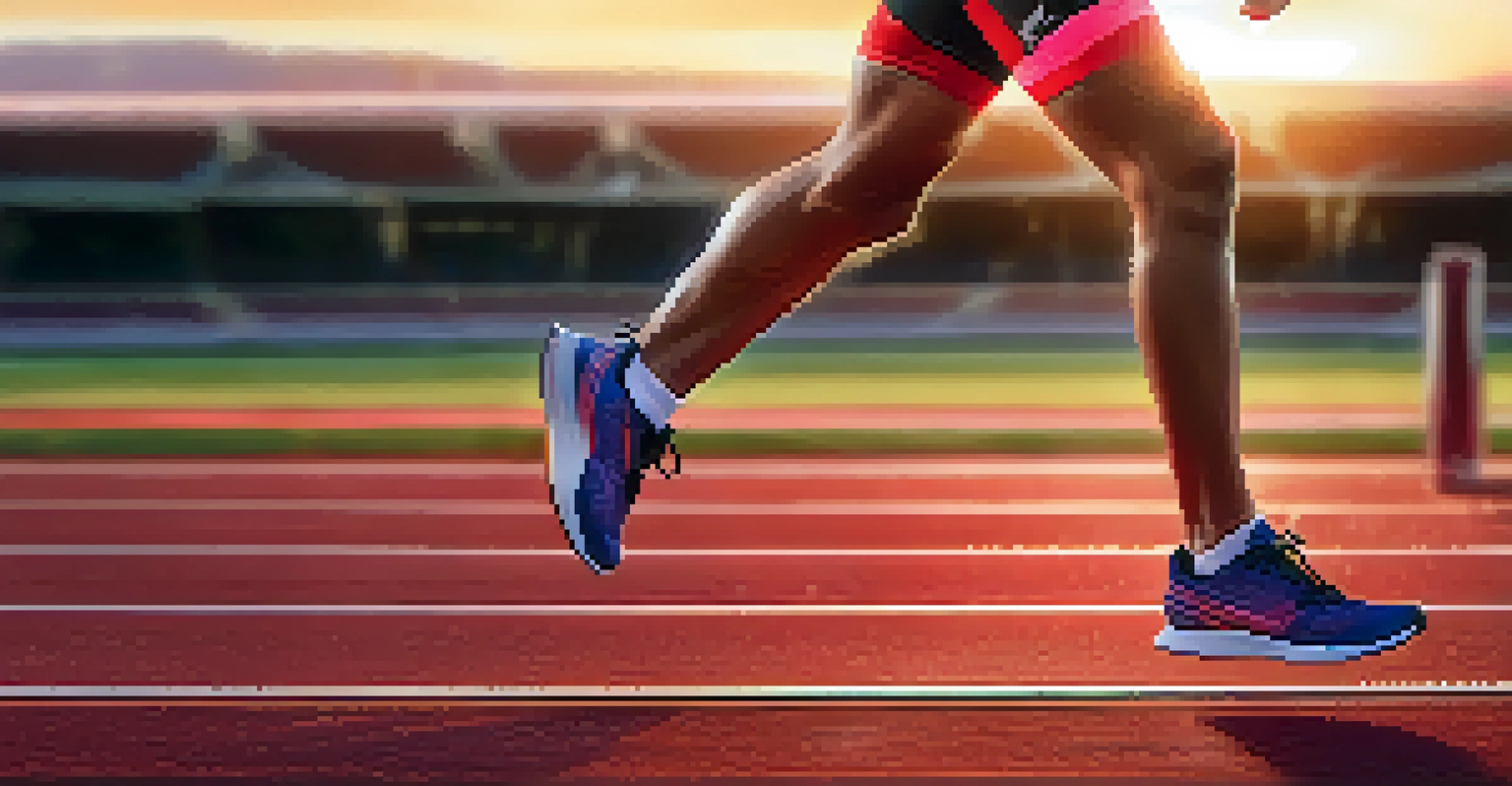An athlete in smart running gear on a track, with digital readouts above showing performance metrics during sunset.