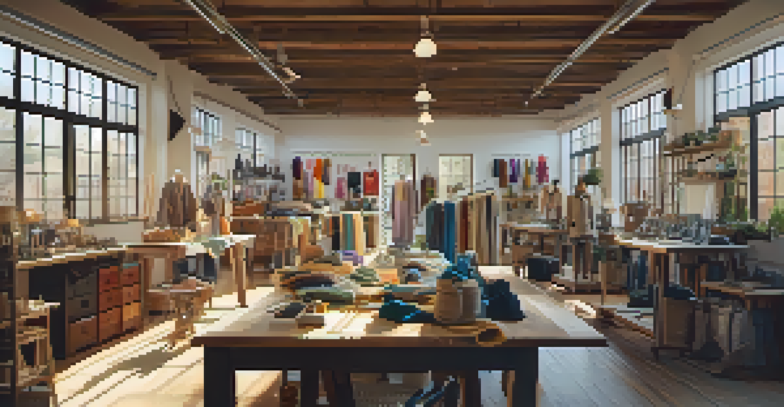 Artisans in a workshop crafting clothing items, surrounded by colorful fabrics and sewing machines, with warm light filtering through windows.
