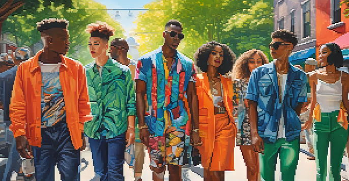 A diverse group of people wearing colorful unisex fashion in an urban setting with murals and greenery.