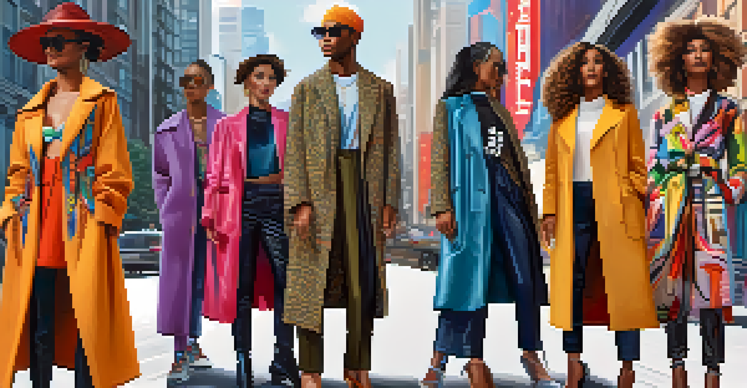 A digital representation of a virtual fashion platform with diverse models showcasing various styles against a city backdrop.
