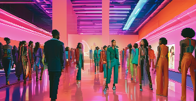 A digital fashion week scene with models on a runway, colorful screens in the background, and bright lighting showcasing futuristic clothing.