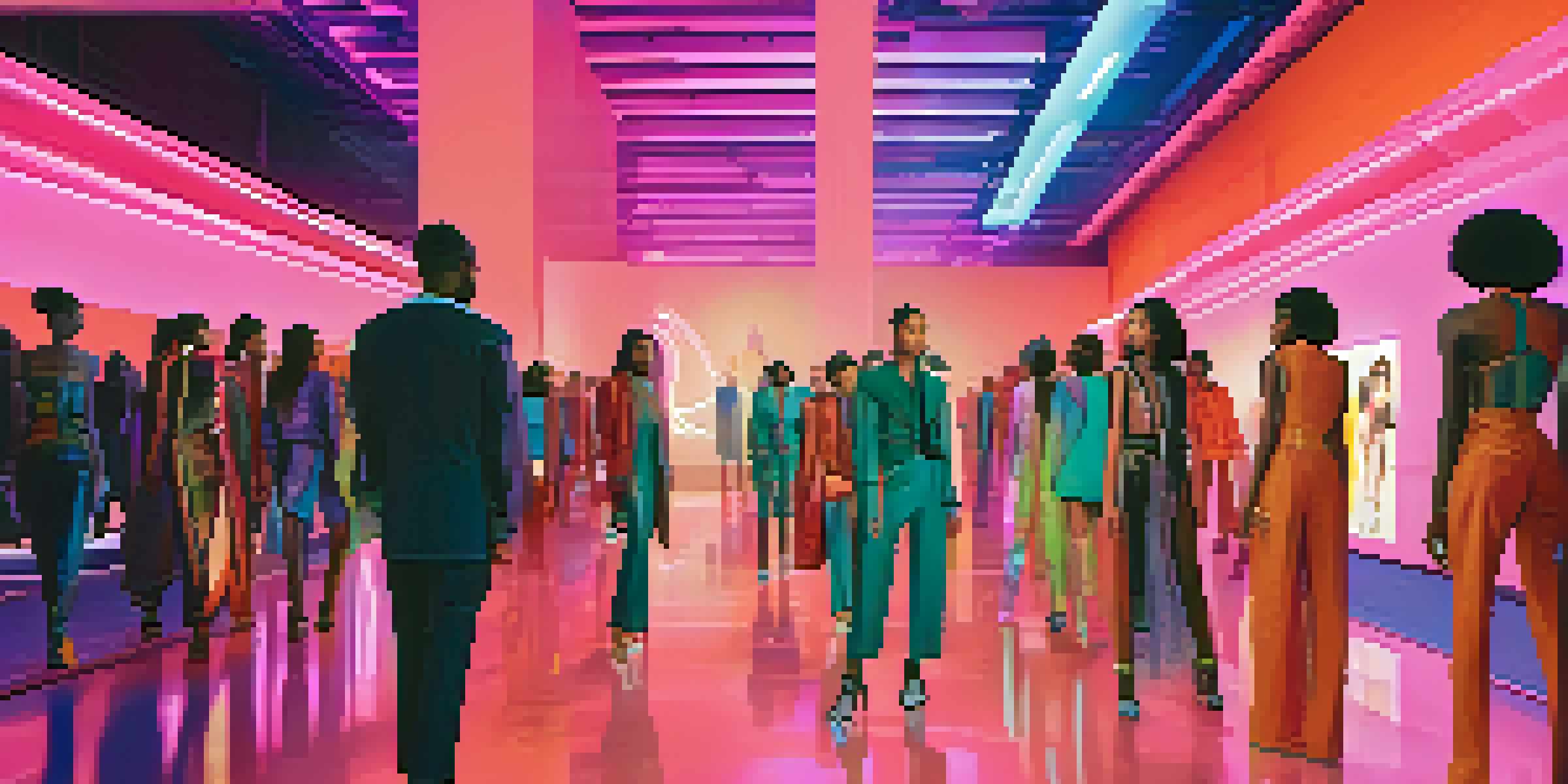 A digital fashion week scene with models on a runway, colorful screens in the background, and bright lighting showcasing futuristic clothing.