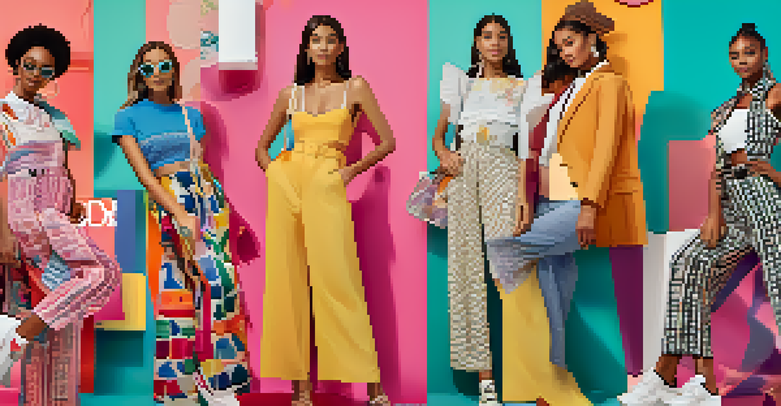 A colorful collage of fashionable outfits for the season, labeled with trendy hashtags, designed for social media.