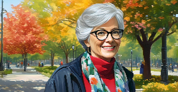 An older woman with gray hair and a vibrant scarf smiling in a park, surrounded by flowers and greenery.