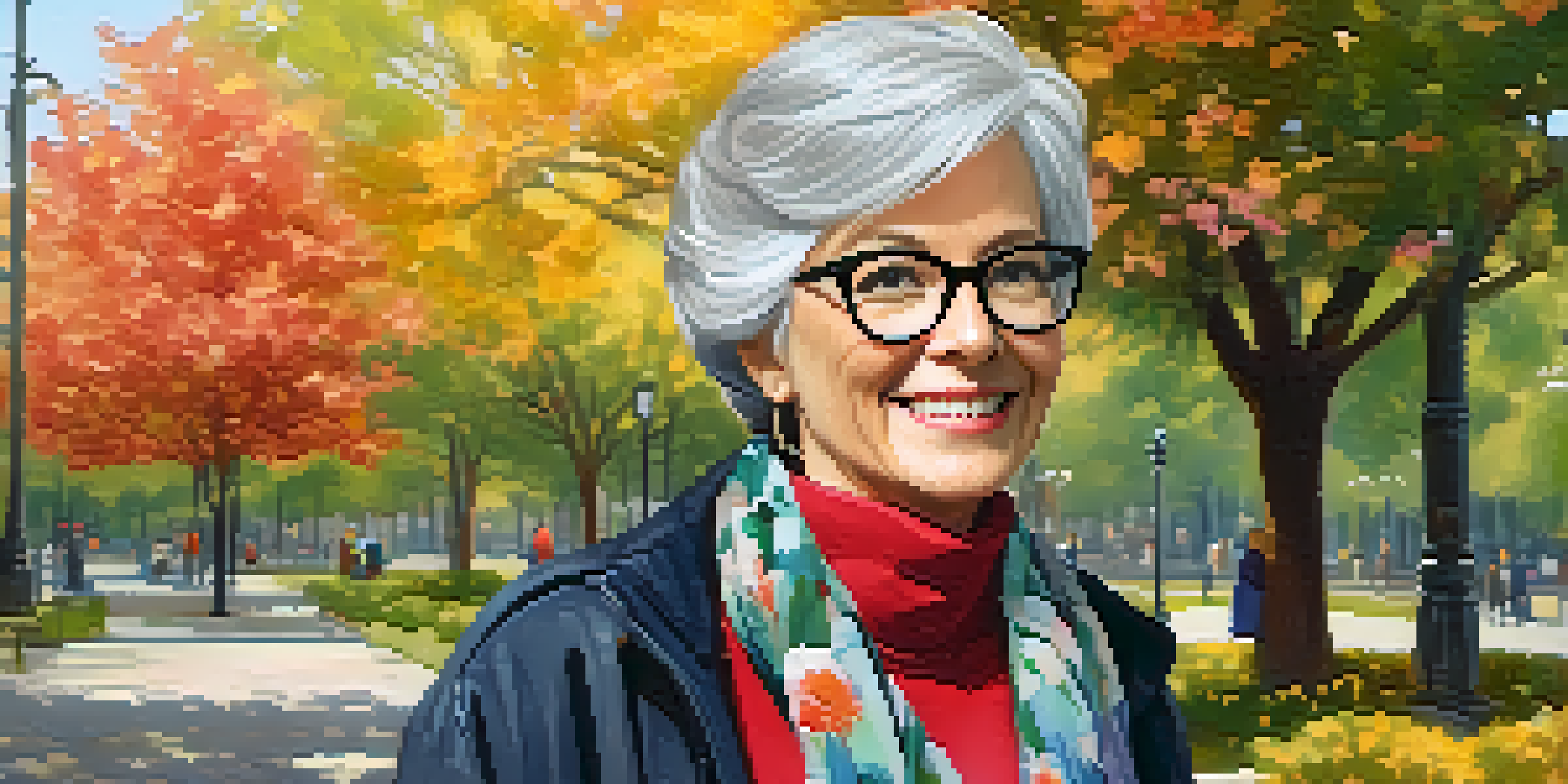 An older woman with gray hair and a vibrant scarf smiling in a park, surrounded by flowers and greenery.