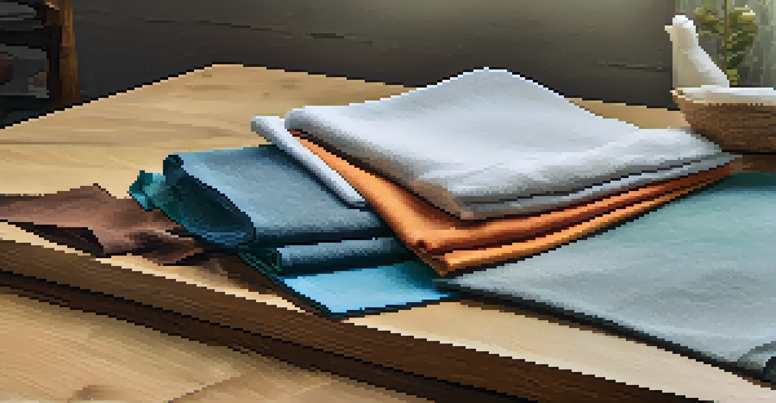 A close-up view of various sustainable fabrics including organic cotton and recycled materials displayed on a wooden table.