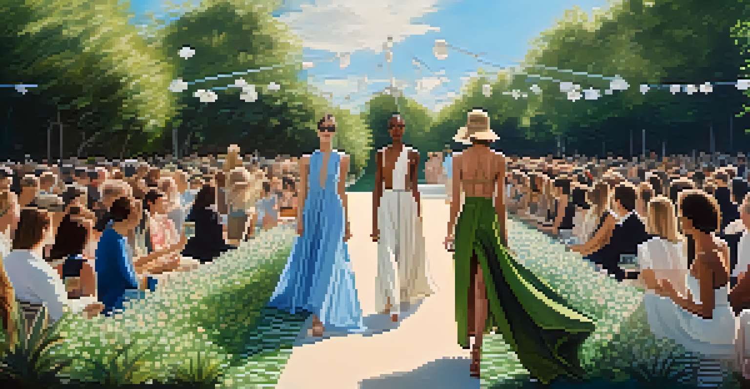 A vibrant outdoor fashion show in a garden, with models showcasing sustainable clothing against a backdrop of flowers and greenery.