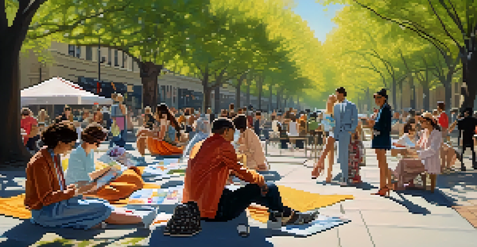 A group of diverse fashion illustrators sketching in a sunlit urban park surrounded by cherry blossom trees and a lively crowd.