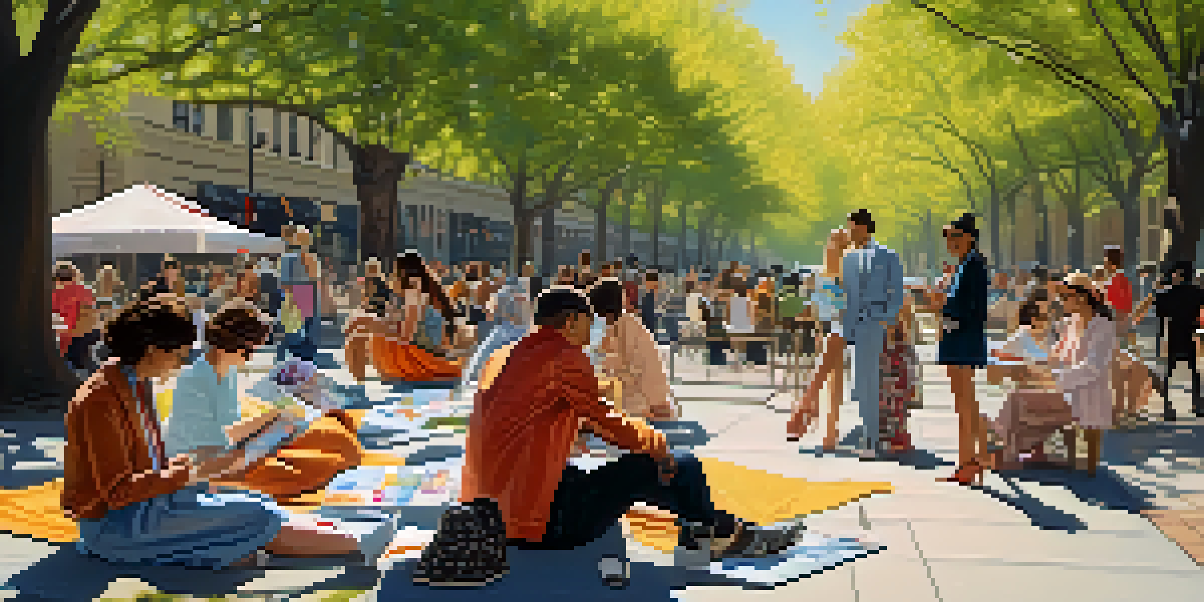 A group of diverse fashion illustrators sketching in a sunlit urban park surrounded by cherry blossom trees and a lively crowd.