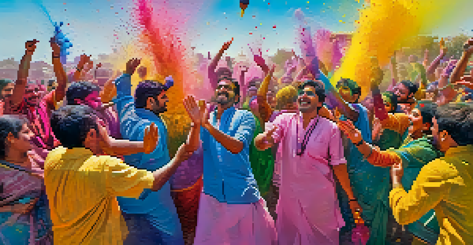 People celebrating the Holi festival by throwing colored powders in the air, creating a colorful atmosphere.