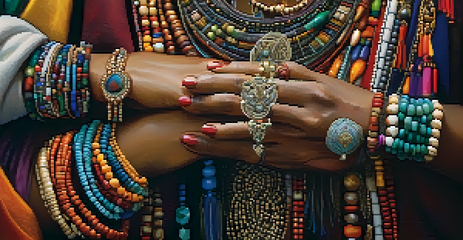A close-up of diverse hands displaying unique jewelry pieces made from colorful beads and intricate metalwork, with a warm and inviting background.