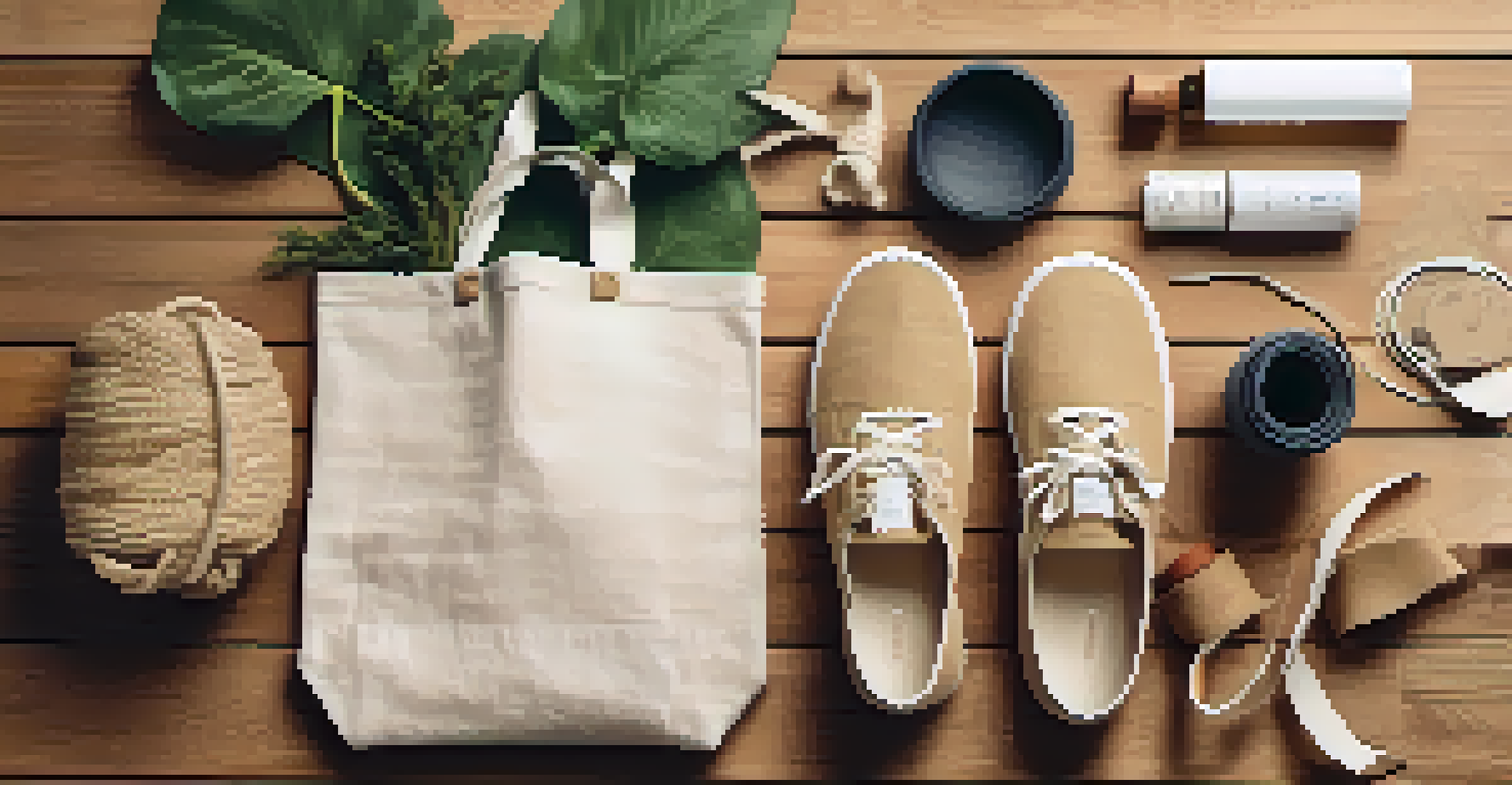 A flat lay arrangement of eco-friendly fashion items on a wooden surface, featuring sustainable accessories and plants.