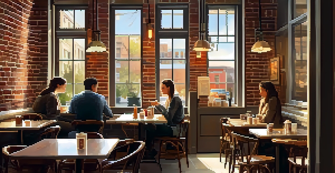 A warm and inviting café with a rough brick wall and wooden furniture, where patrons enjoy coffee and pastries under natural sunlight.