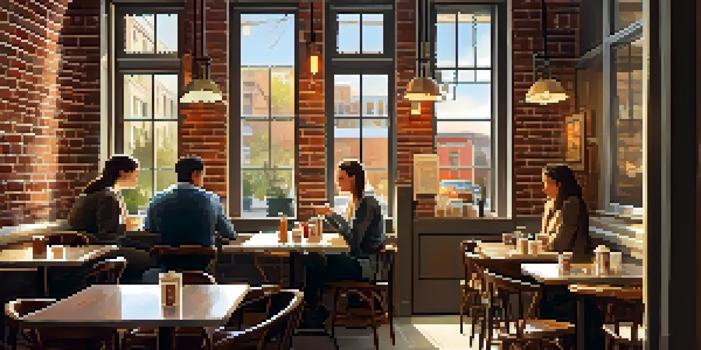 A warm and inviting café with a rough brick wall and wooden furniture, where patrons enjoy coffee and pastries under natural sunlight.