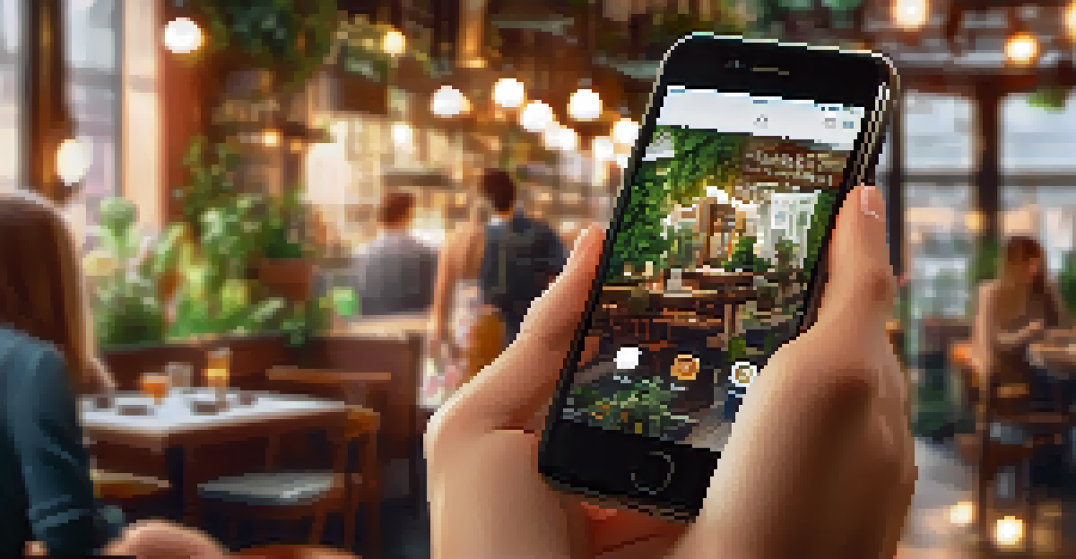 Close-up of hands taking a photo of a friend in fashionable attire, set against a bustling café background.