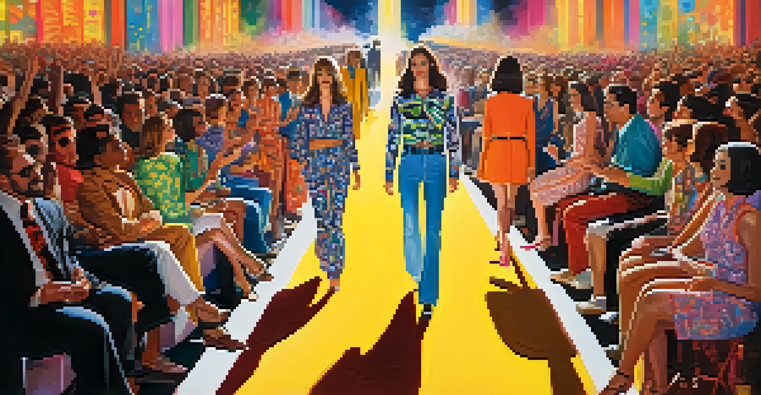 A 1960s fashion show with models in bell-bottom jeans and colorful tops walking down the runway, surrounded by an applauding audience.
