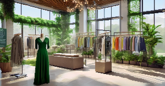 A modern fashion boutique with eco-friendly clothing displays and a mannequin wearing a sustainable outfit, illuminated by natural light.
