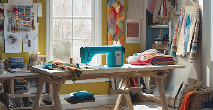 A bright and inviting DIY fashion workspace with colorful fabrics and sewing tools on a table, illuminated by natural light.