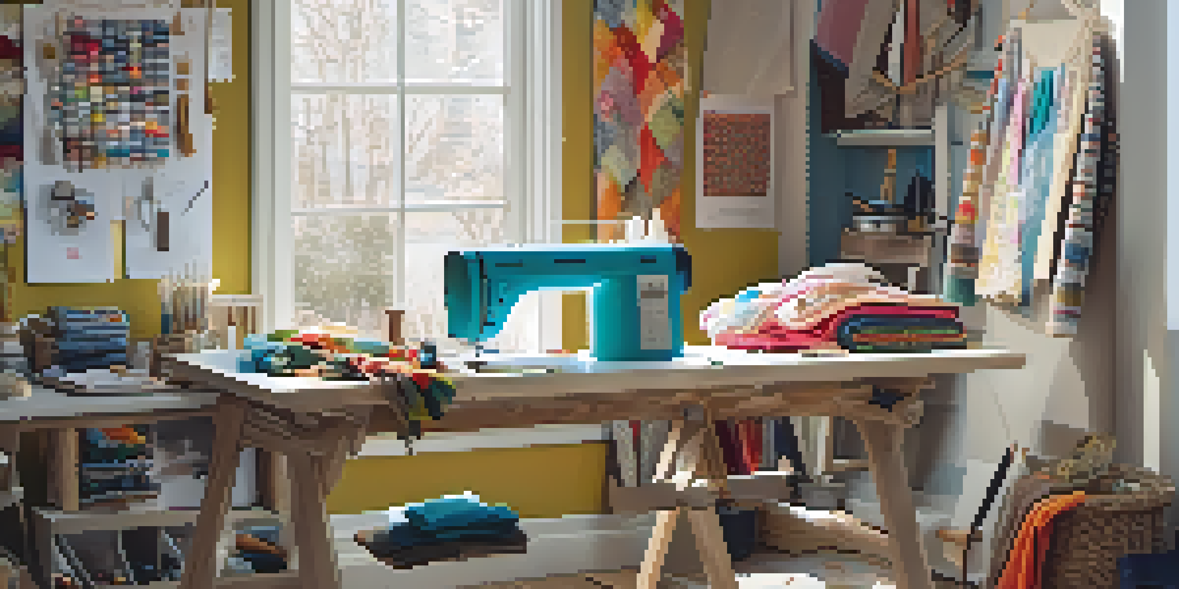 A bright and inviting DIY fashion workspace with colorful fabrics and sewing tools on a table, illuminated by natural light.