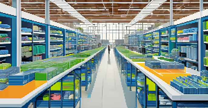 An illustration of a modern fashion supply chain with AI technology, featuring robots in a warehouse and data analytics screens.