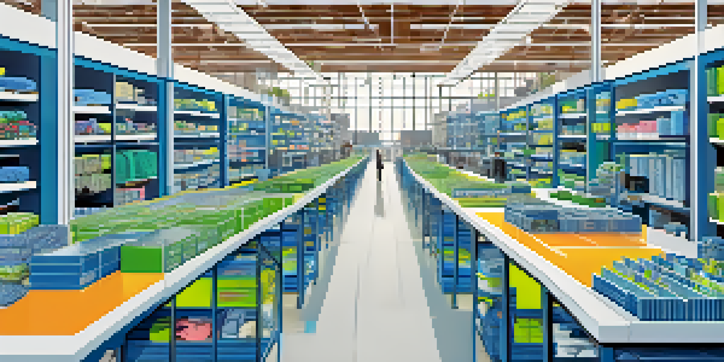 An illustration of a modern fashion supply chain with AI technology, featuring robots in a warehouse and data analytics screens.