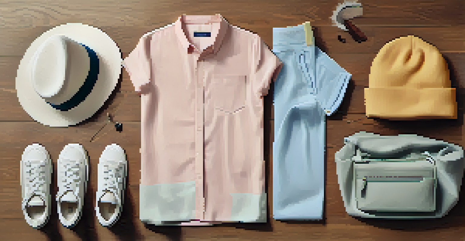 A flat lay of gender-neutral fashion items including shirts and sneakers on a textured background.