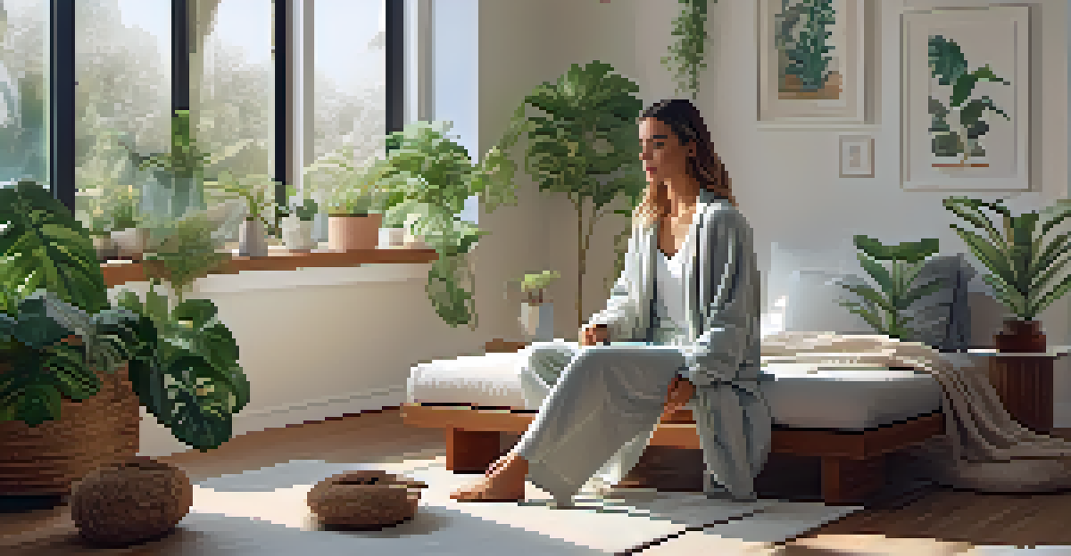 A model in stylish loungewear in a tranquil home environment, highlighting wellness and comfort.