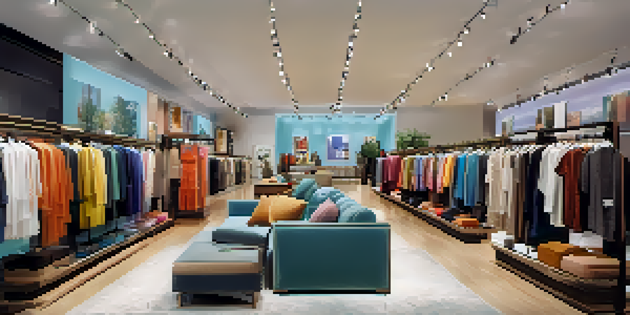 A fashion retail store divided into zones, featuring popular clothing items and a comfortable seating area, all illuminated by warm lighting.