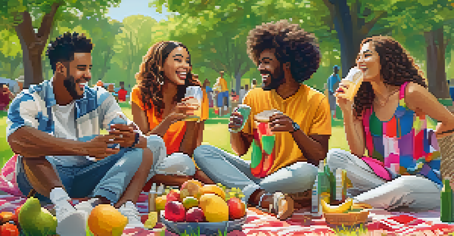 A group of diverse friends having a picnic in a park, wearing colorful summer outfits and enjoying each other's company.