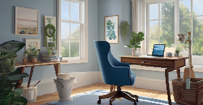 A cozy home office with a stylish desk, plants, and a laptop, showcasing a blend of casual and professional attire.