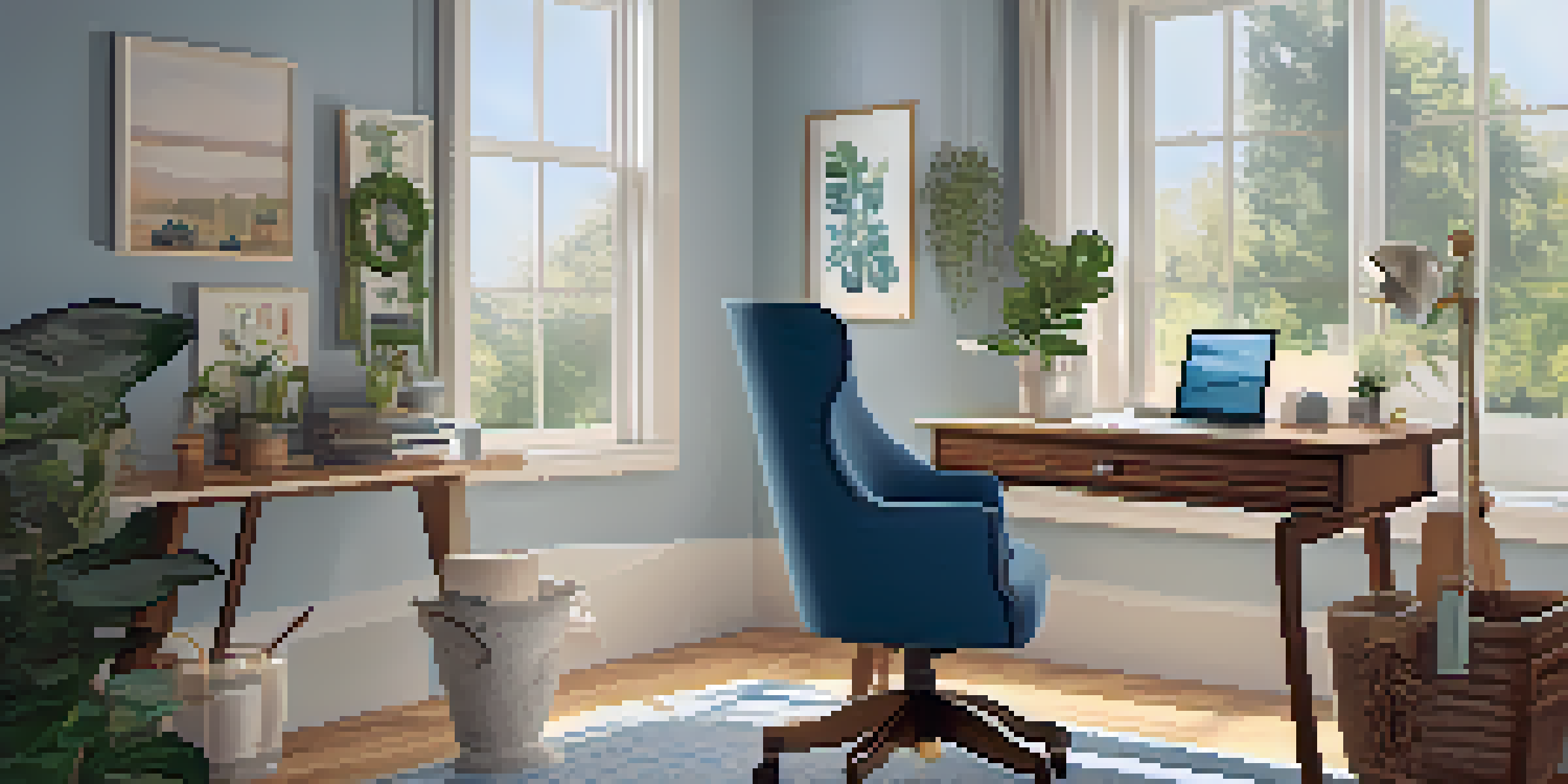 A cozy home office with a stylish desk, plants, and a laptop, showcasing a blend of casual and professional attire.