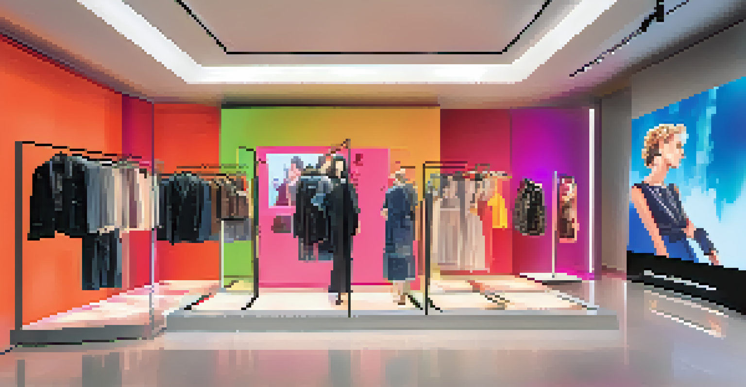 An interactive fashion display with digital screens and customers engaging with touch elements.