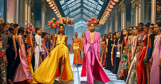 A fashion runway at Paris Fashion Week with models in diverse outfits combining Eastern and Western styles, surrounded by a colorful flower arrangement.