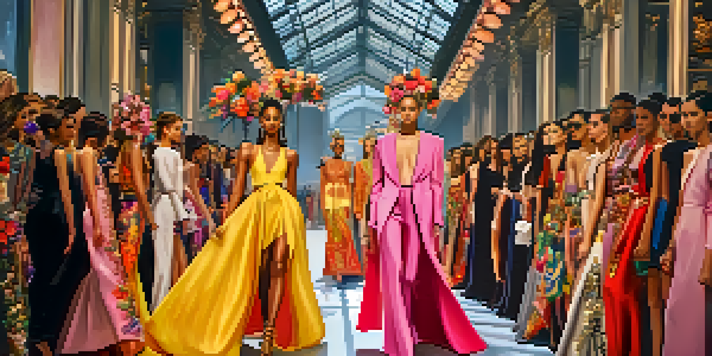 A fashion runway at Paris Fashion Week with models in diverse outfits combining Eastern and Western styles, surrounded by a colorful flower arrangement.
